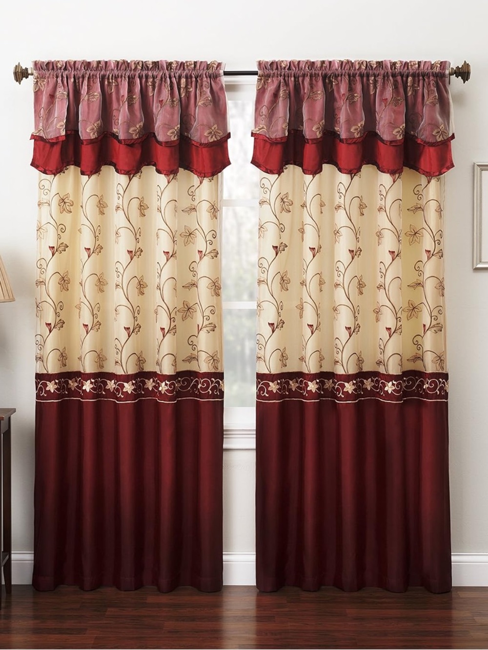 Embroidery Curtain Set 4 Panel Drapes with Backing & Valance 55"x 84" Burgundy